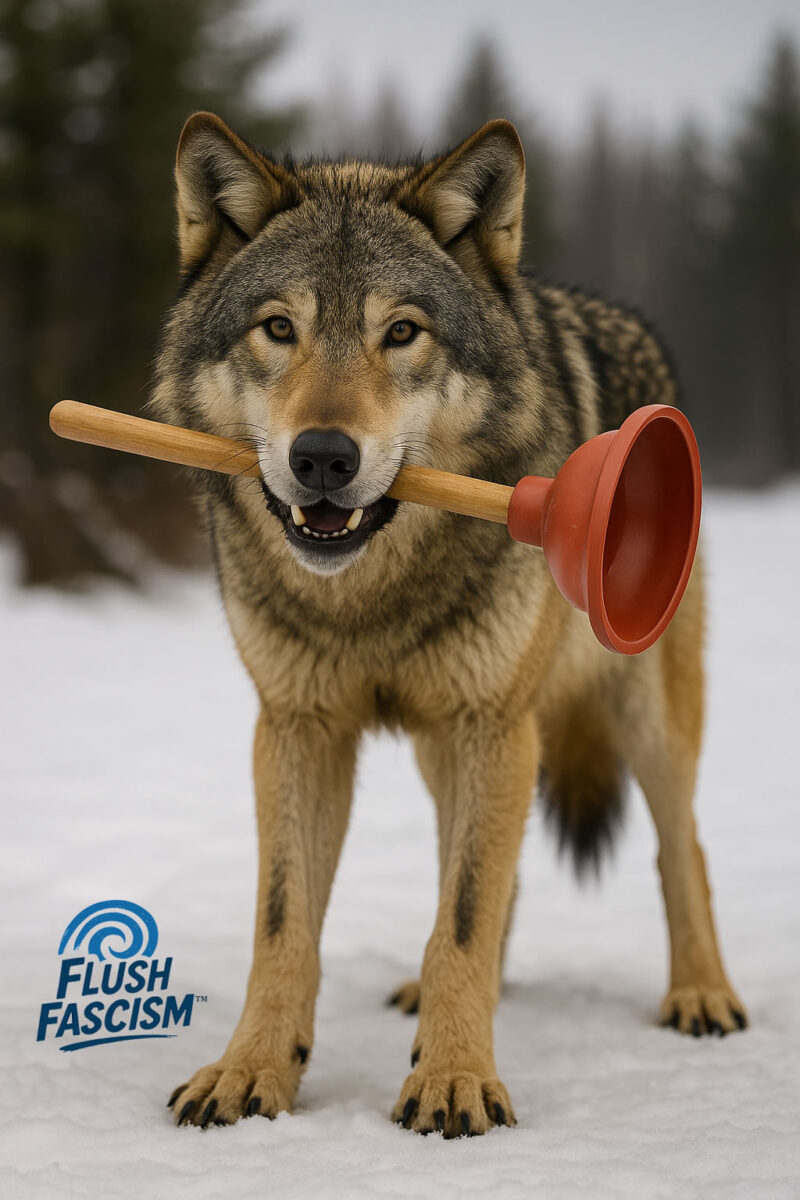 Timber Wolf with a rubber toilet plunger
