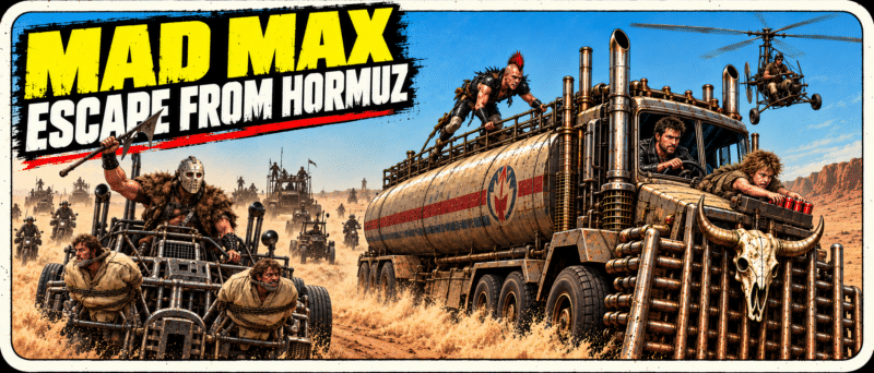 Mad Max: Escape from Hormuz bumper sticker with a desert oil-tanker chase, bold yellow lettering, blue sky, and rounded cream border.