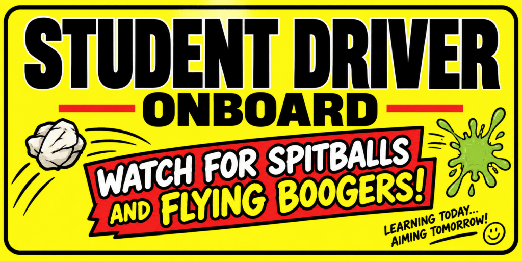 Student Driver Onboard sticker warning of spitballs and flying boogers on a bright yellow background.
