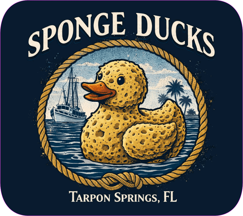 Sponge Ducks Tarpon Springs Florida sticker with sponge-diving duck and fishing boat