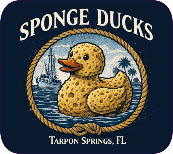 Sponge Ducks Tarpon Springs Sticker Sponge Ducks Tarpon Springs Florida sticker with sponge-diving duck and fishing boat