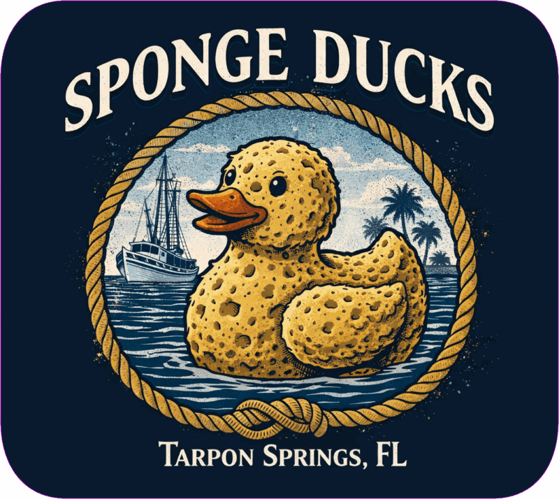 Sponge Ducks Tarpon Springs Florida sticker with sponge-diving duck and fishing boat