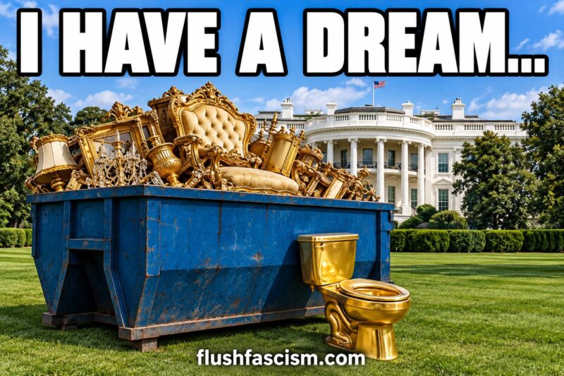 I Have a Dream political satire sticker showing gold furniture and a gold toilet beside a blue dumpster on the White House lawn.