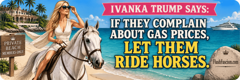 Let Them Ride Horses political satire sticker showing Ivanka Trump on horseback beside a private beach, with FlushFascism.com on a rock.