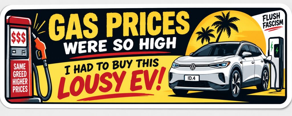 Lousy EV gas prices bumper sticker and magnet by Flush Fascism