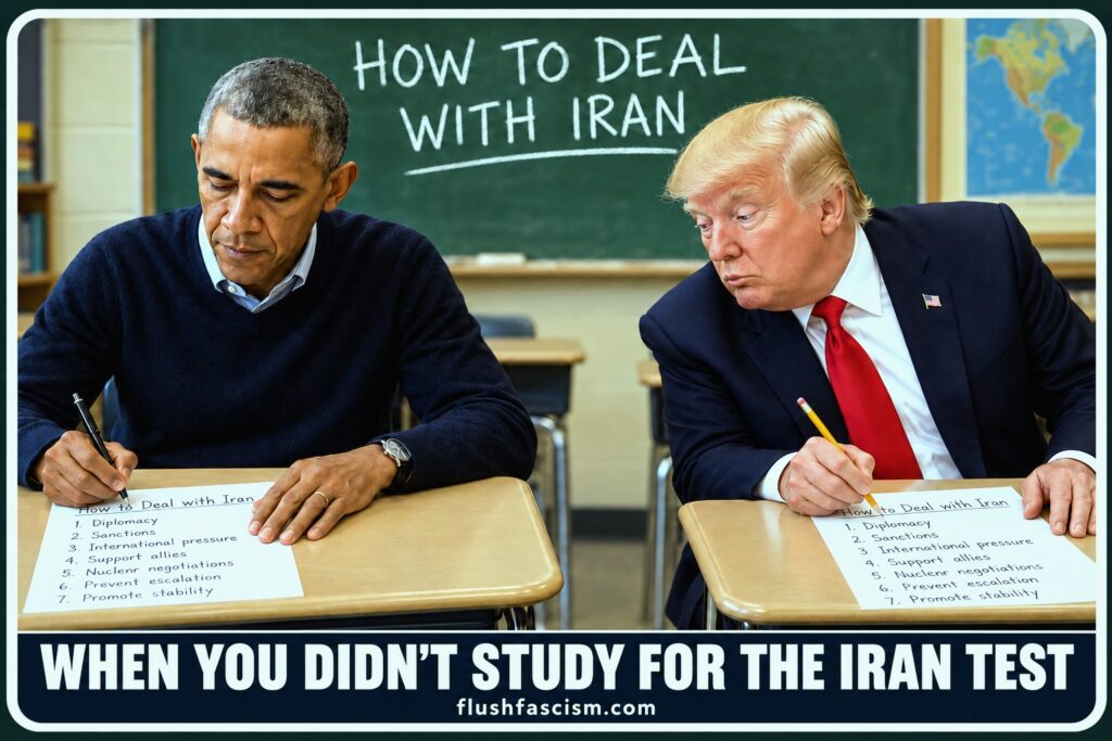 Obama and Trump How to Deal With Iran political sticker by Flush Fascism
