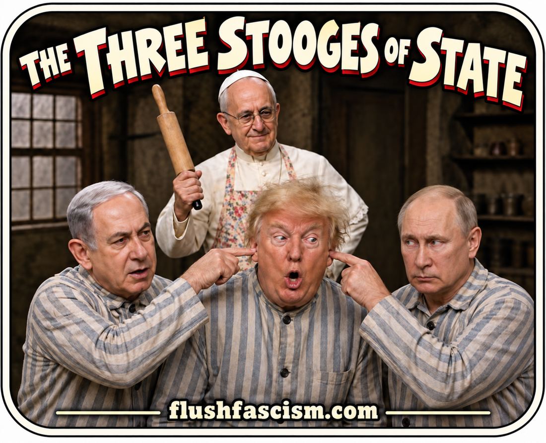 Political satire sticker featuring Benjamin Netanyahu, Donald Trump, Vladimir Putin, and a pope-like figure with the words The Three Stooges of State and flushfascism.com.