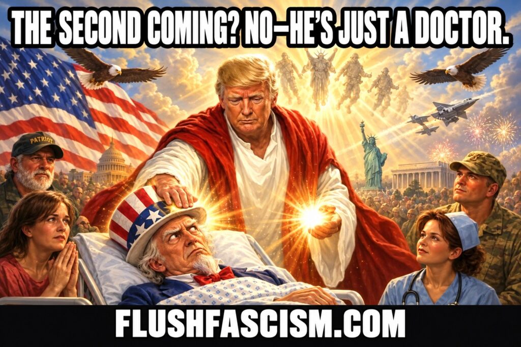 Trump as a doctor treating Uncle Sam political satire sticker by Flush Fascism
