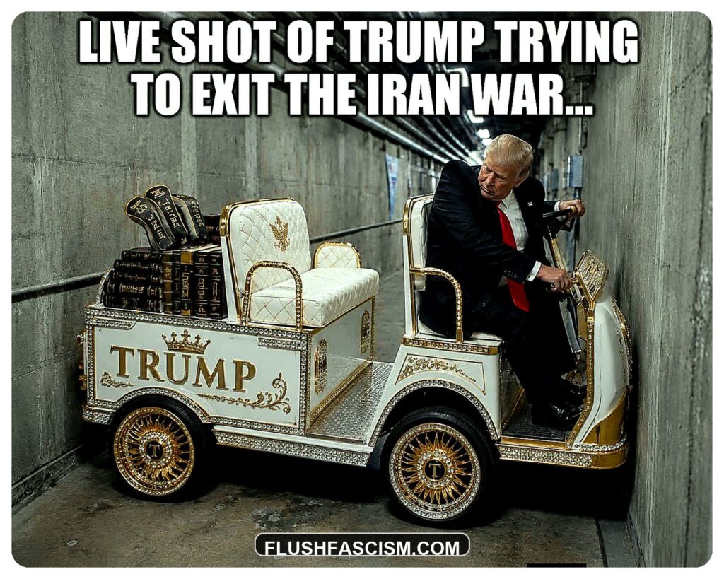 Trump trying to exit the Iran war in a gold golf cart political sticker by Flush Fascism