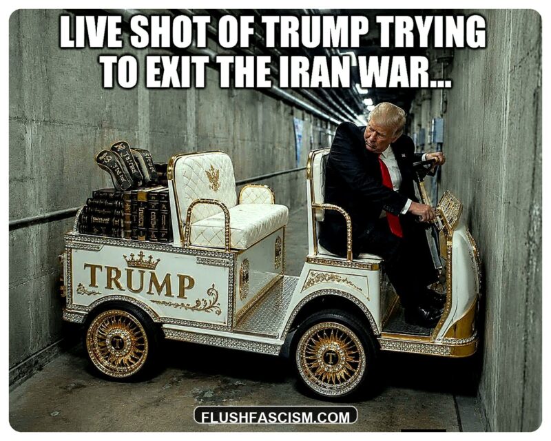 Trump trying to exit the Iran war in a gold golf cart political sticker by Flush Fascism