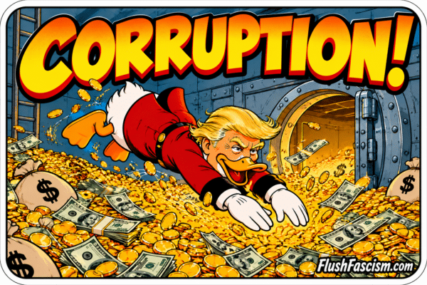 Corruption! – Cartoon Duck Corruption political satire sticker showing a blond cartoon duck diving into a vault of gold coins and cash.