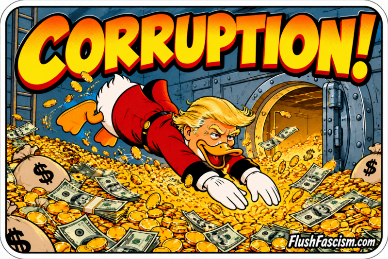 Corruption political satire sticker showing a blond cartoon duck diving into a vault of gold coins and cash.