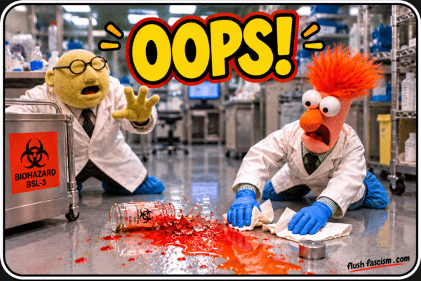 Oops! – Lab Accident Parody Oops parody sticker showing two puppet scientists reacting to a spilled biohazard container in a laboratory.