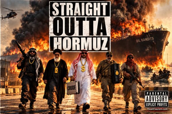 Straight Outta Hormuz – Oil Bandits Straight Outta Hormuz artwork with five characters walking in front of a flaming Oil Bandits tanker.