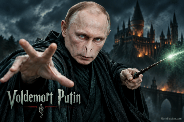 Voldemort Putin – Dark Wizard Parody Voldemort Putin fantasy parody showing Vladimir Putin as a dark wizard with a wand, storm clouds, and a castle.