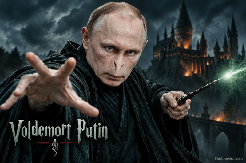 Voldemort Putin fantasy parody showing Vladimir Putin as a dark wizard with a wand, storm clouds, and a castle.